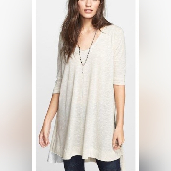 Free People Tri Sierra Linen Knit Cream Swing Oversized Tunic Top Size Medium - Picture 1 of 11